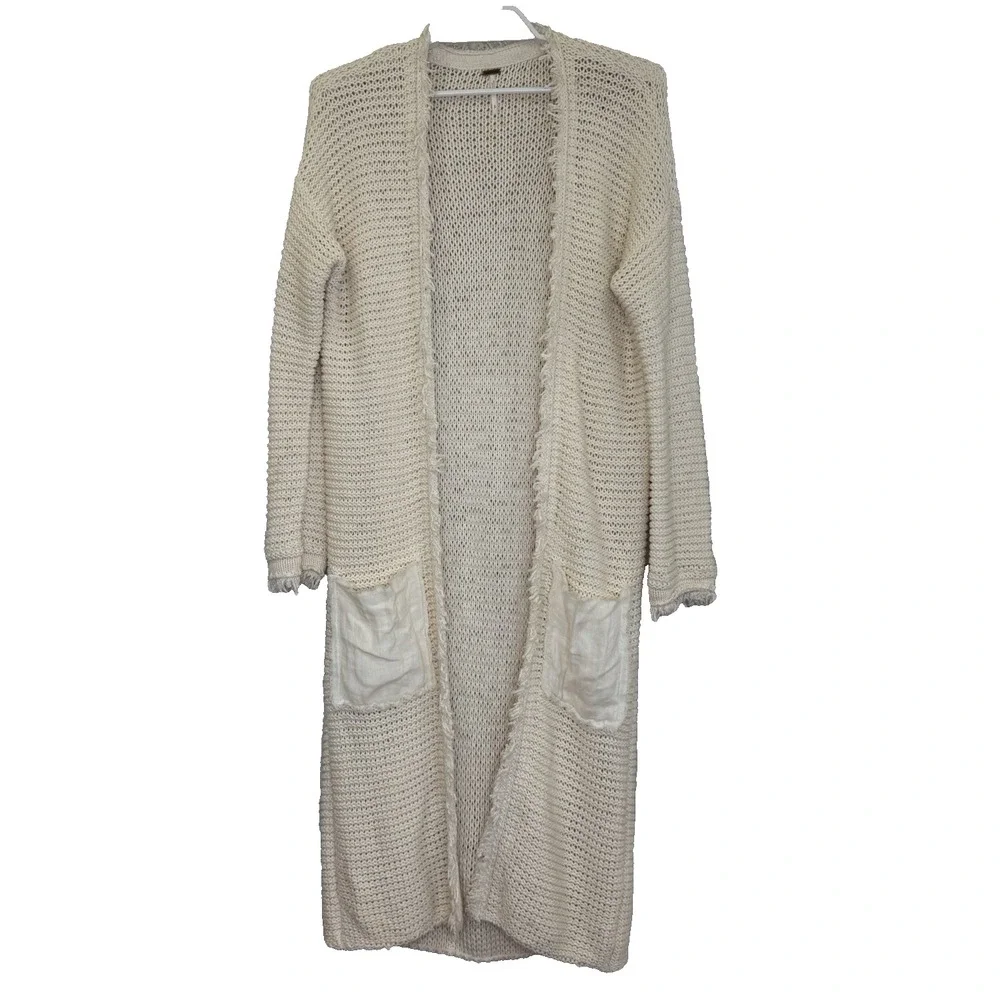 Free People Woodstock Long Knit Sweater Cardigan‎ Small Ivory Fringe Duster Boho